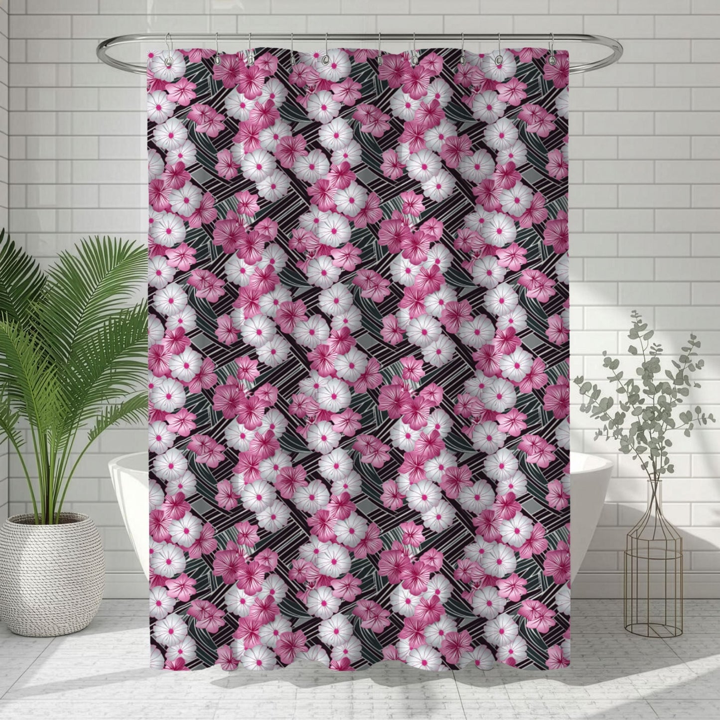 African print shower curtain with pink and white floral pattern on a bathroom setting