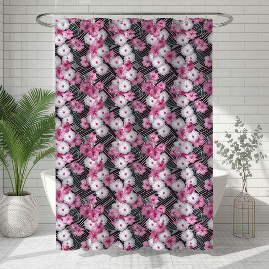 African print shower curtain with pink and white floral pattern on a bathroom setting