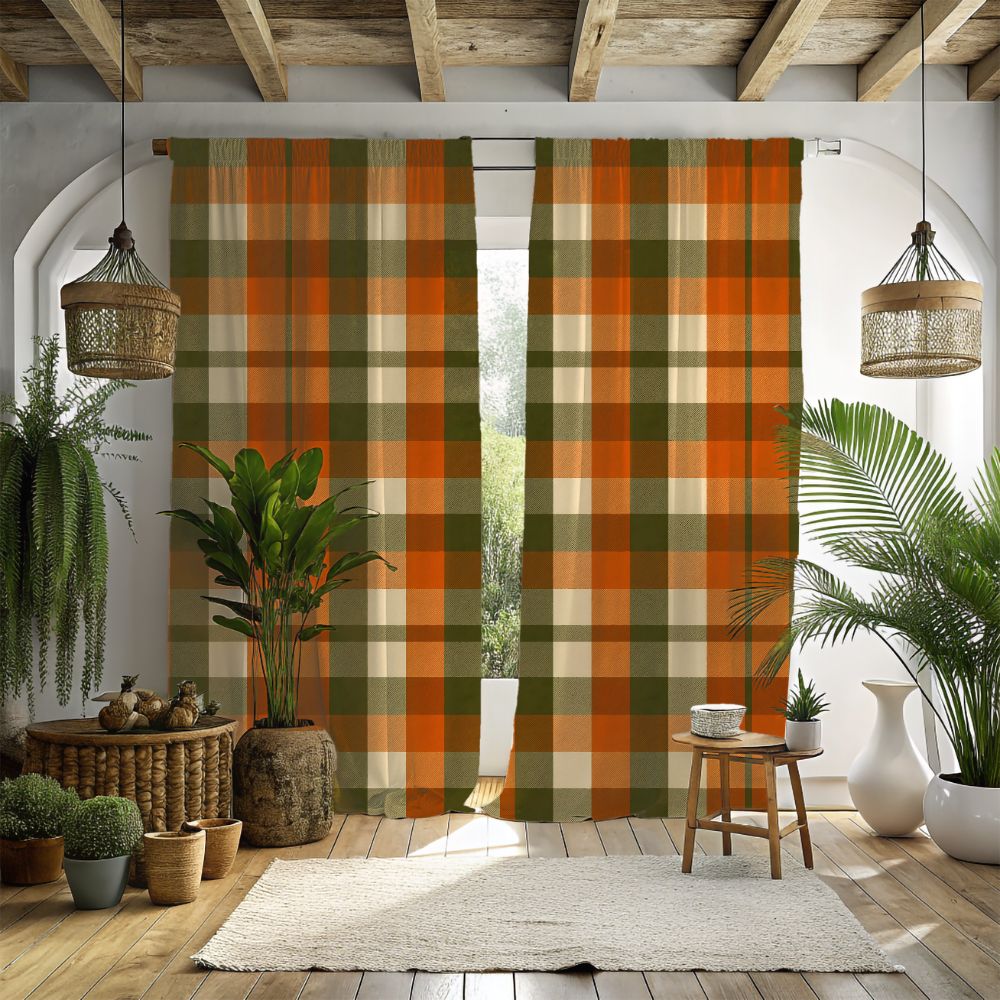 Living room with plaid curtains, plants, and wooden floor.