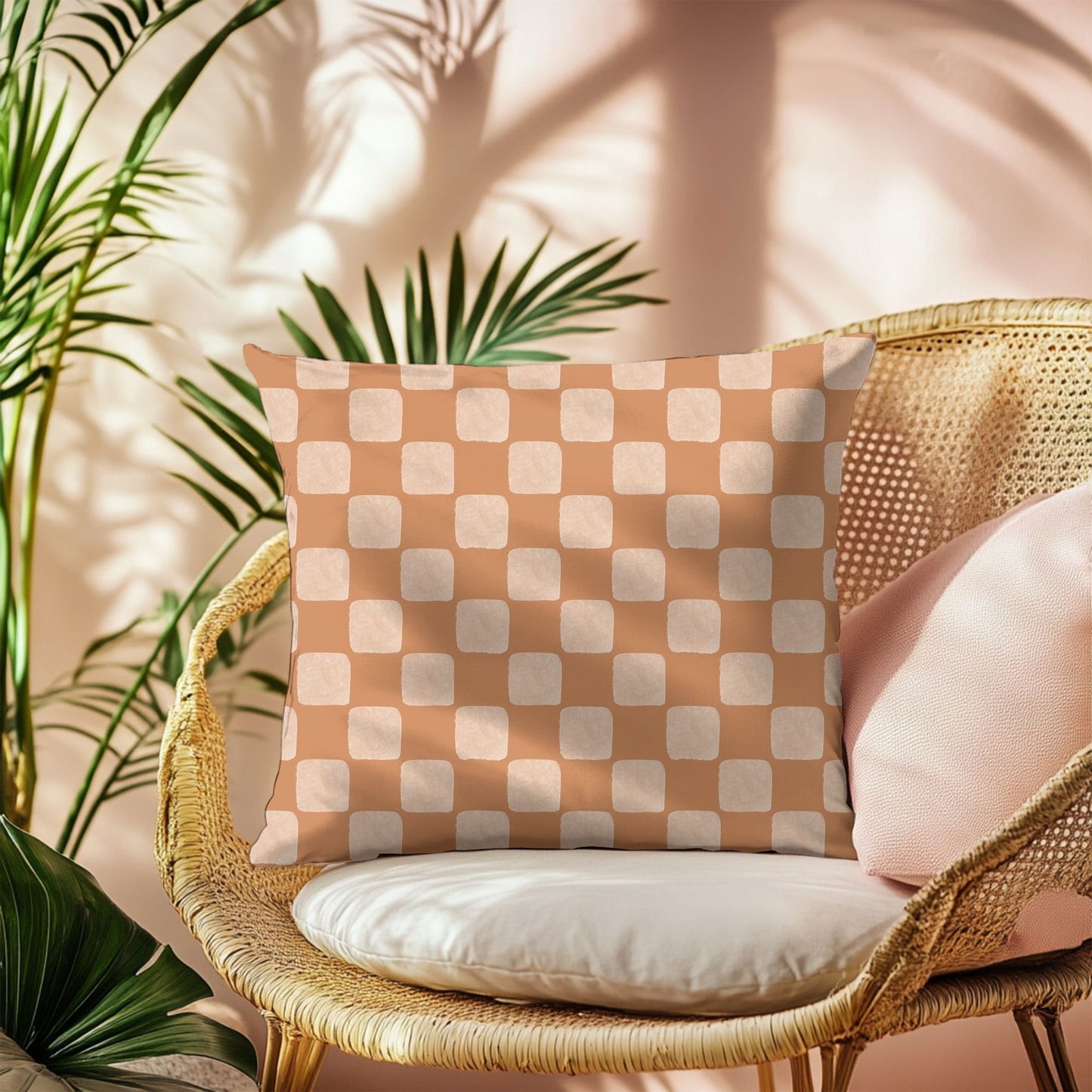 Checkered pillow on a wicker chair with plants in the background