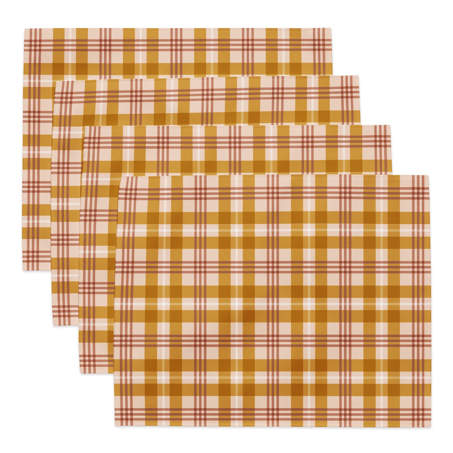 Set of four plaid placemats with a yellow and red pattern on a white background