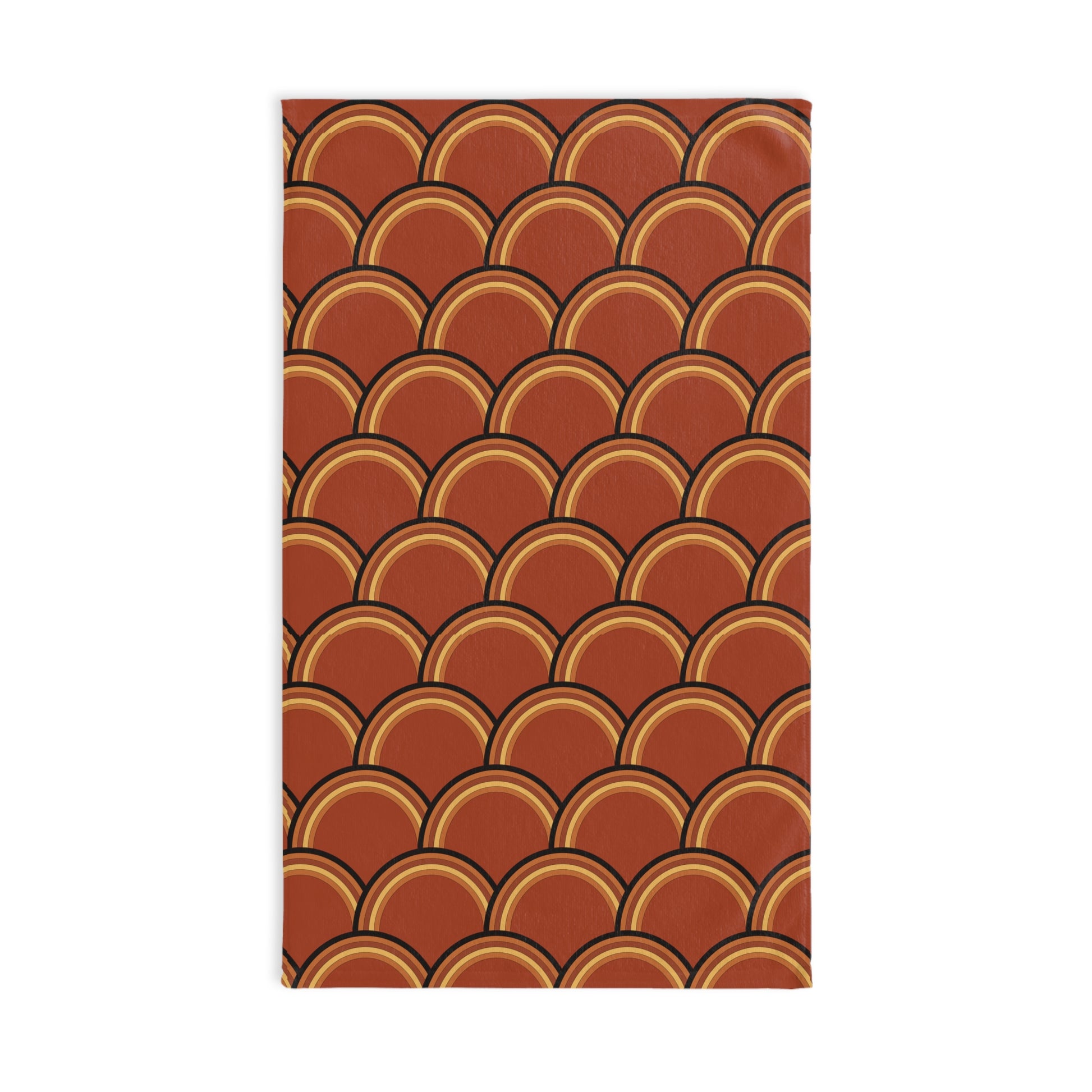 Boho Towel with a brown and orange geometric pattern on a white background