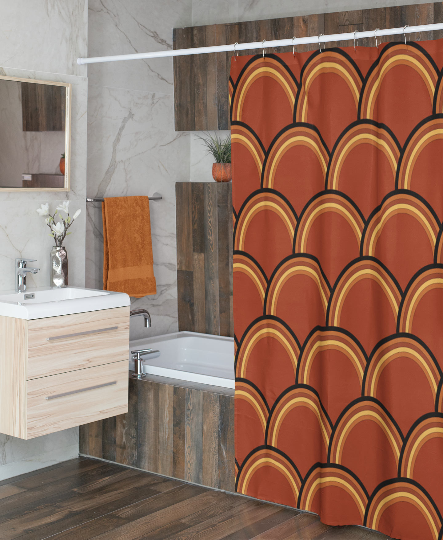 Bathroom with a patterned shower curtain, sink, and bathtub.