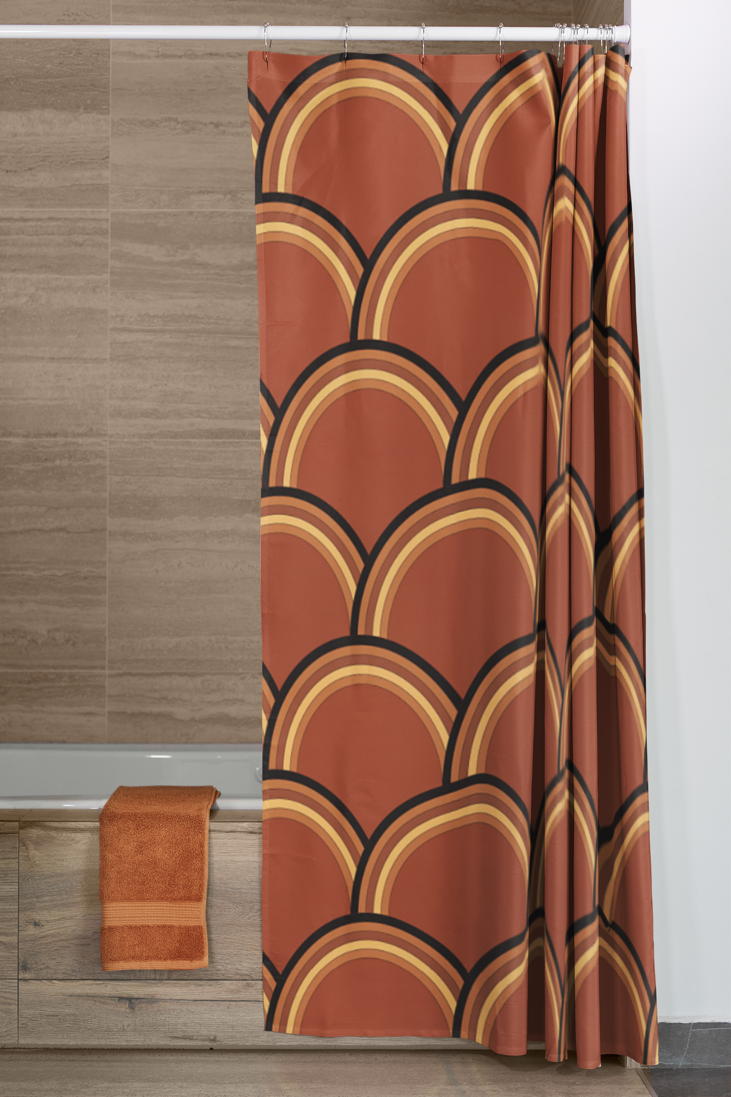 Shower curtain with geometric pattern in a bathroom setting