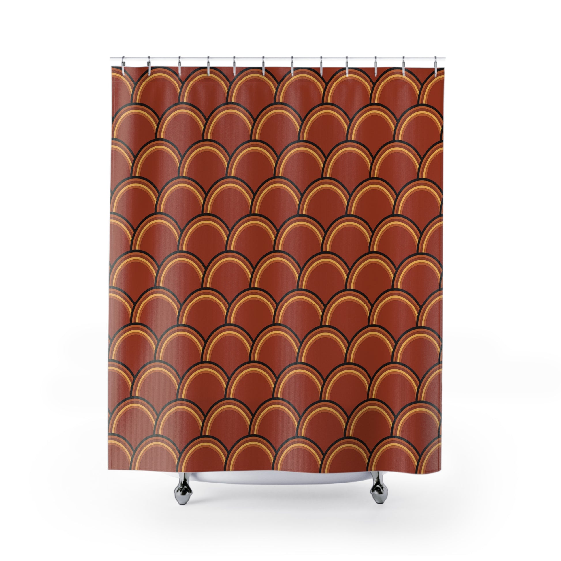 Shower curtain with brown and orange scalloped pattern on a white background