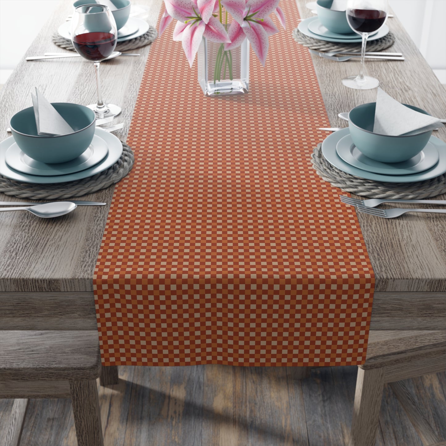Bohemian table runner featuring spiritual and ethnic patterns in earthy tones.