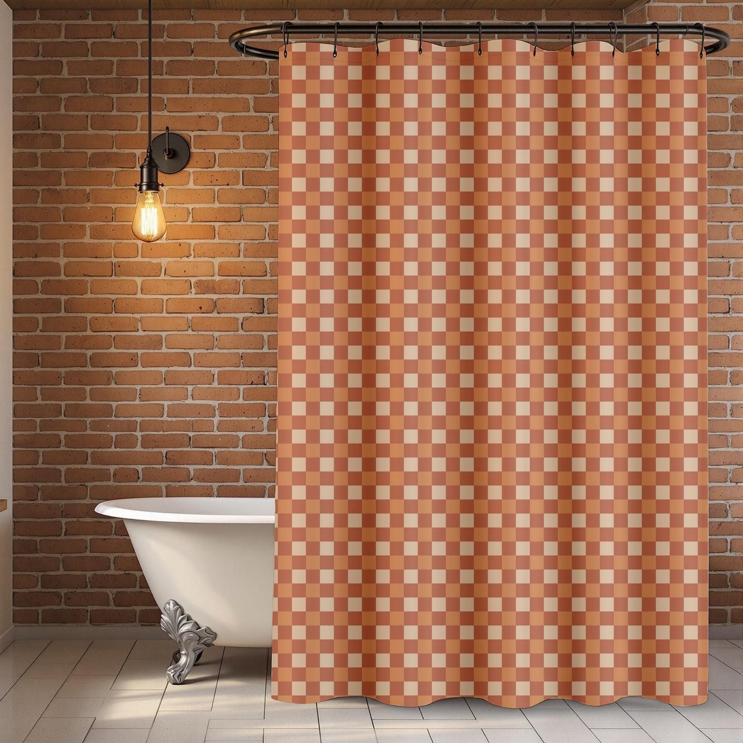 Bathroom with a checkered shower curtain, bathtub, and brick wall.