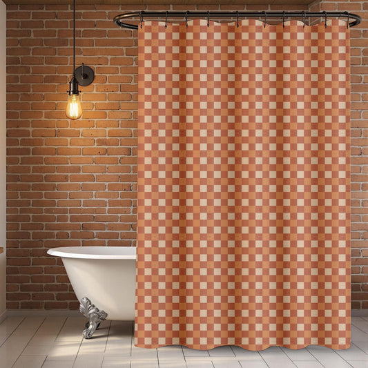 Bathroom with a checkered shower curtain, bathtub, and brick wall.