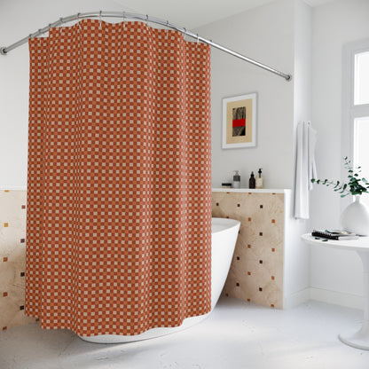 Orange checkered shower curtain in a bathroom setting