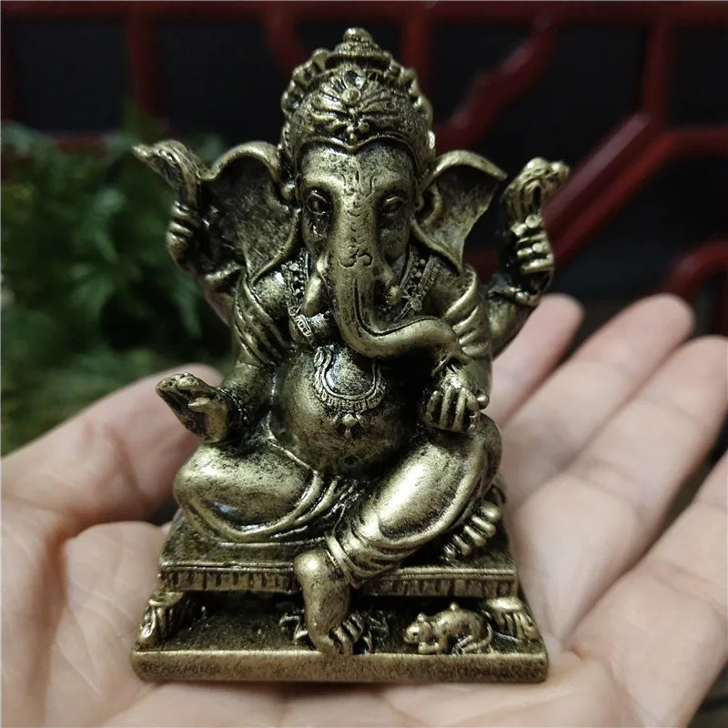 Mini Golden Ganesh Elephant God Sculpture Figurines Ornaments