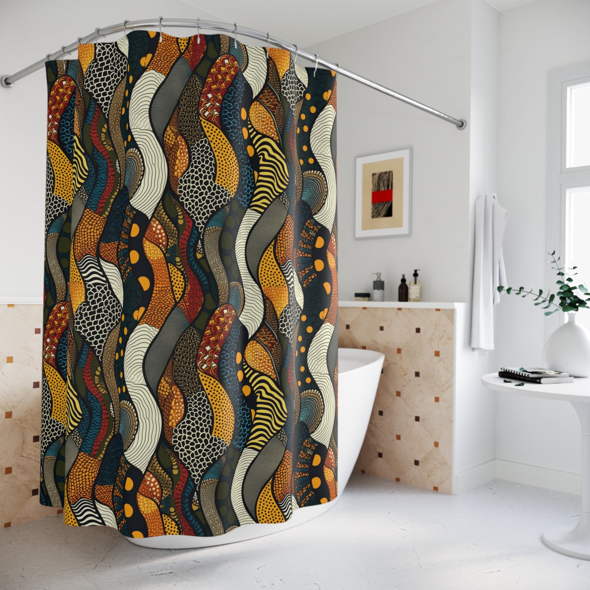 Colorful abstract pattern shower curtain in modern bathroom with wall art and potted plant