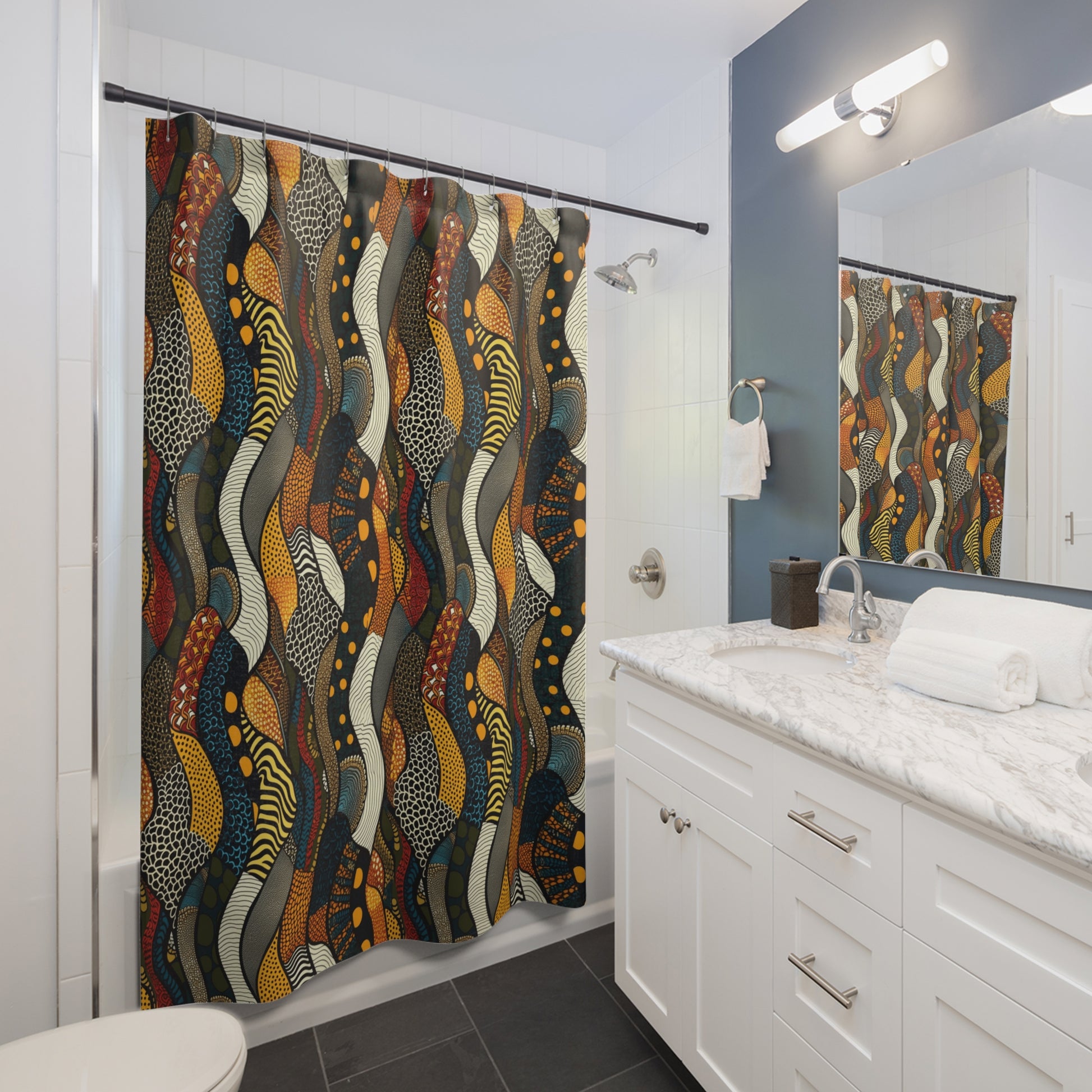 Modern bathroom with abstract patterned shower curtain, white vanity, marble countertop