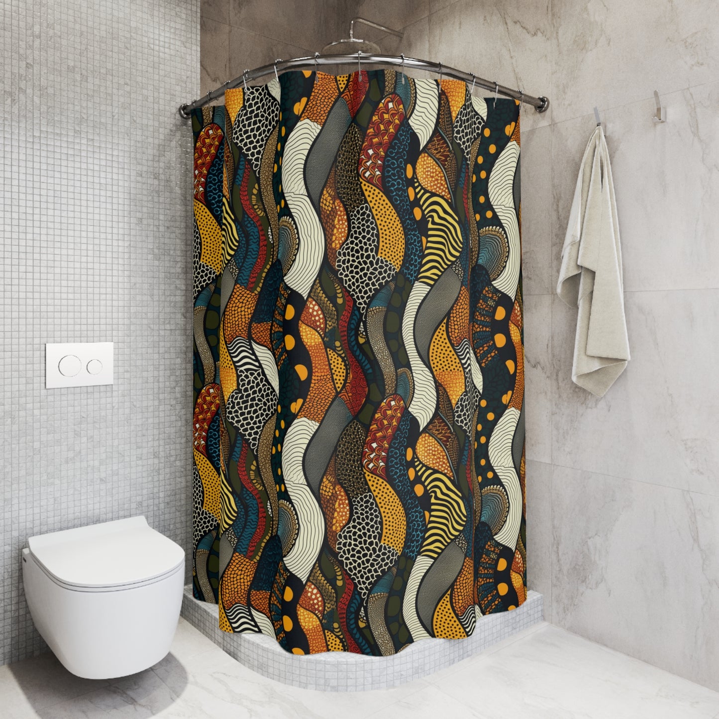Modern bathroom with abstract patterned shower curtain in earthy tones, white toilet, and towel on wall