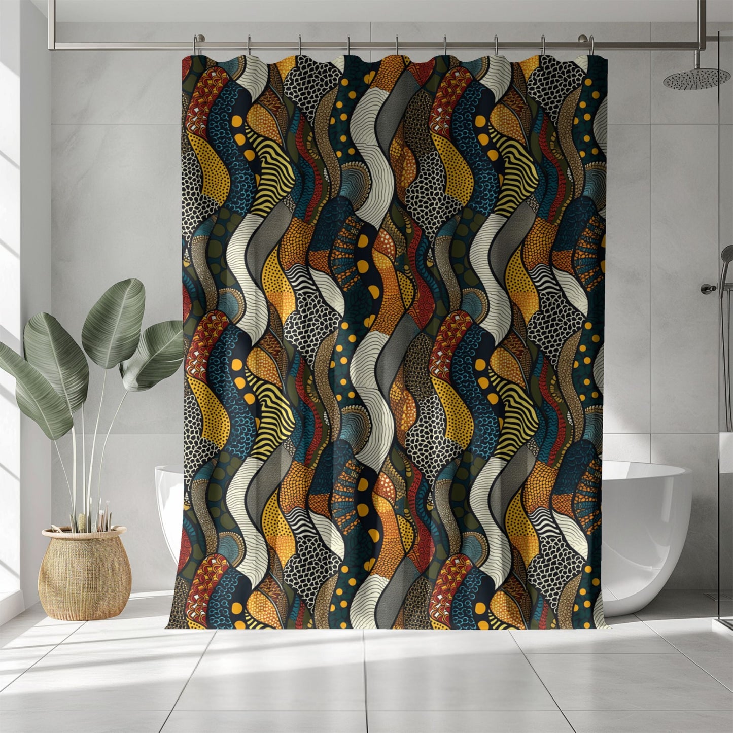 Colorful patterned bathroom curtains in a modern bathroom.