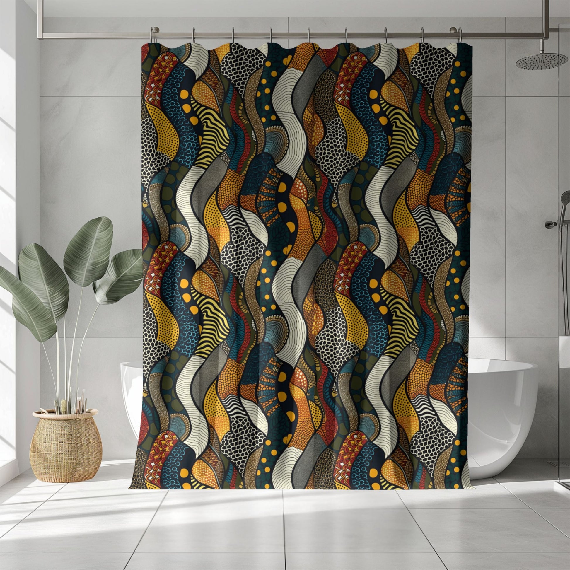 Colorful patterned bathroom curtains in a modern bathroom.