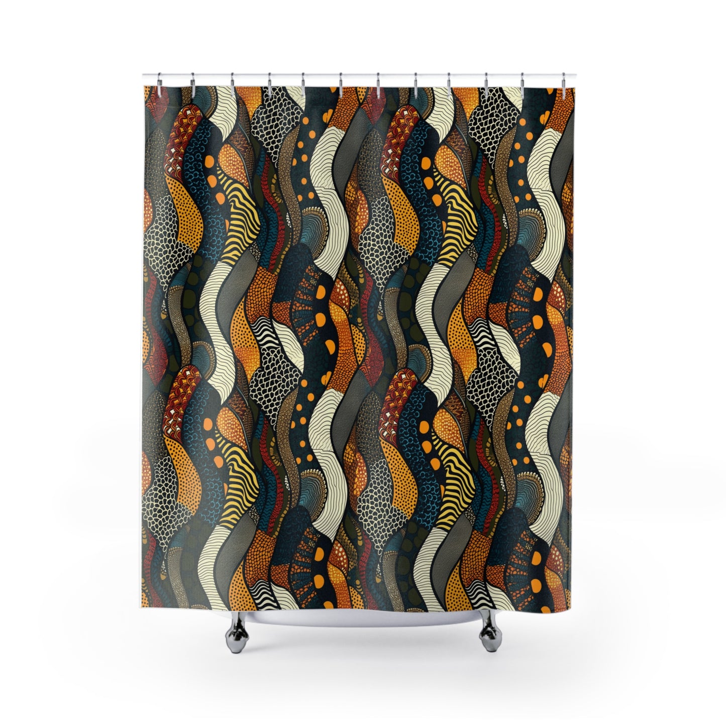 Abstract wavy shower curtain with orange, yellow, black geometric and dotted patterns