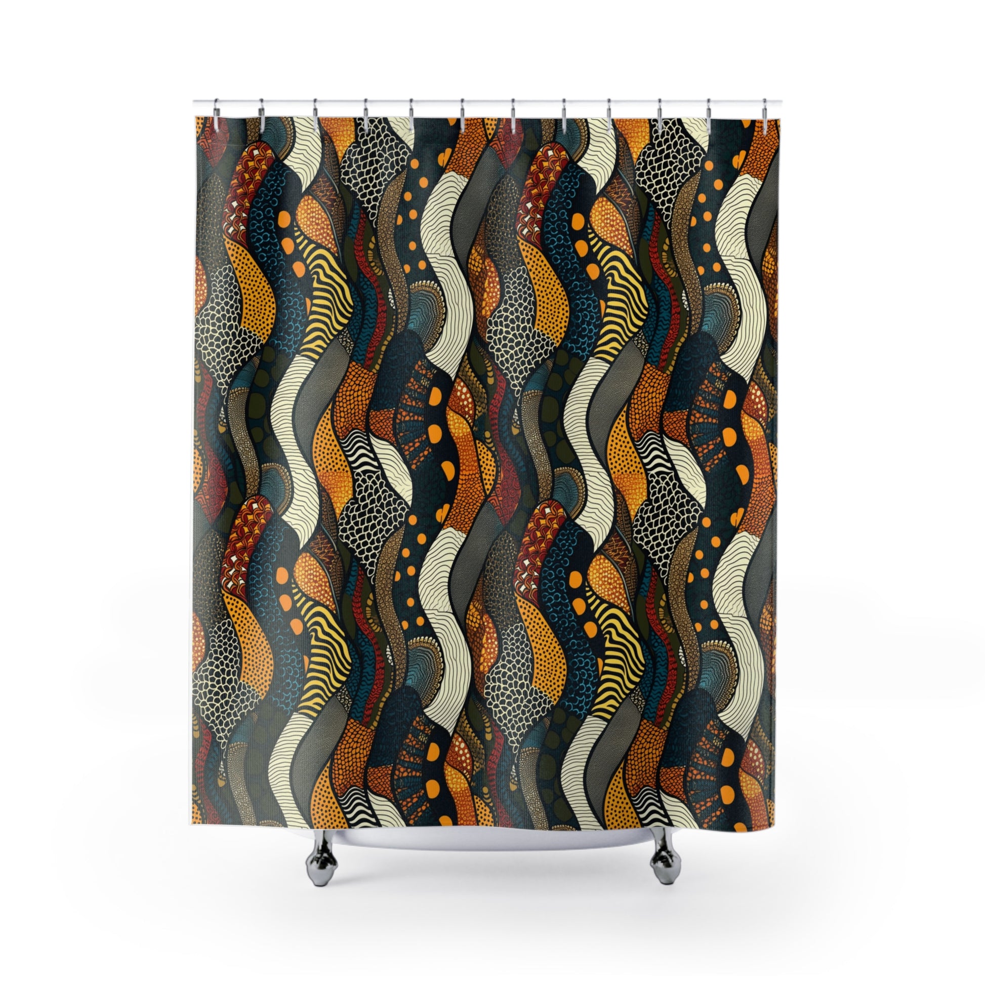Abstract wavy shower curtain with orange, yellow, black geometric and dotted patterns