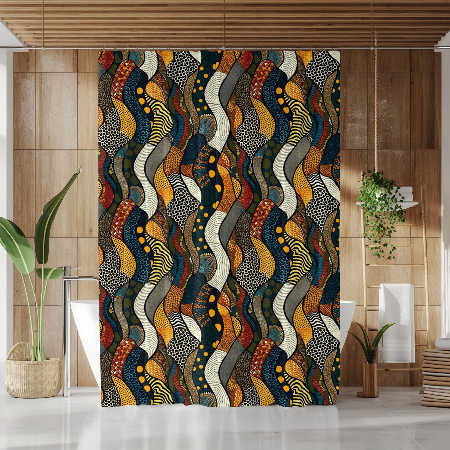 Colorful snake skin patterned shower curtain in a bathroom setting