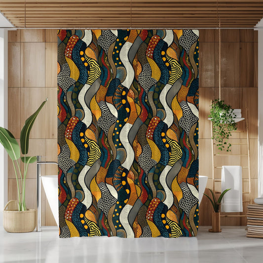 Colorful snake skin patterned shower curtain in a bathroom setting