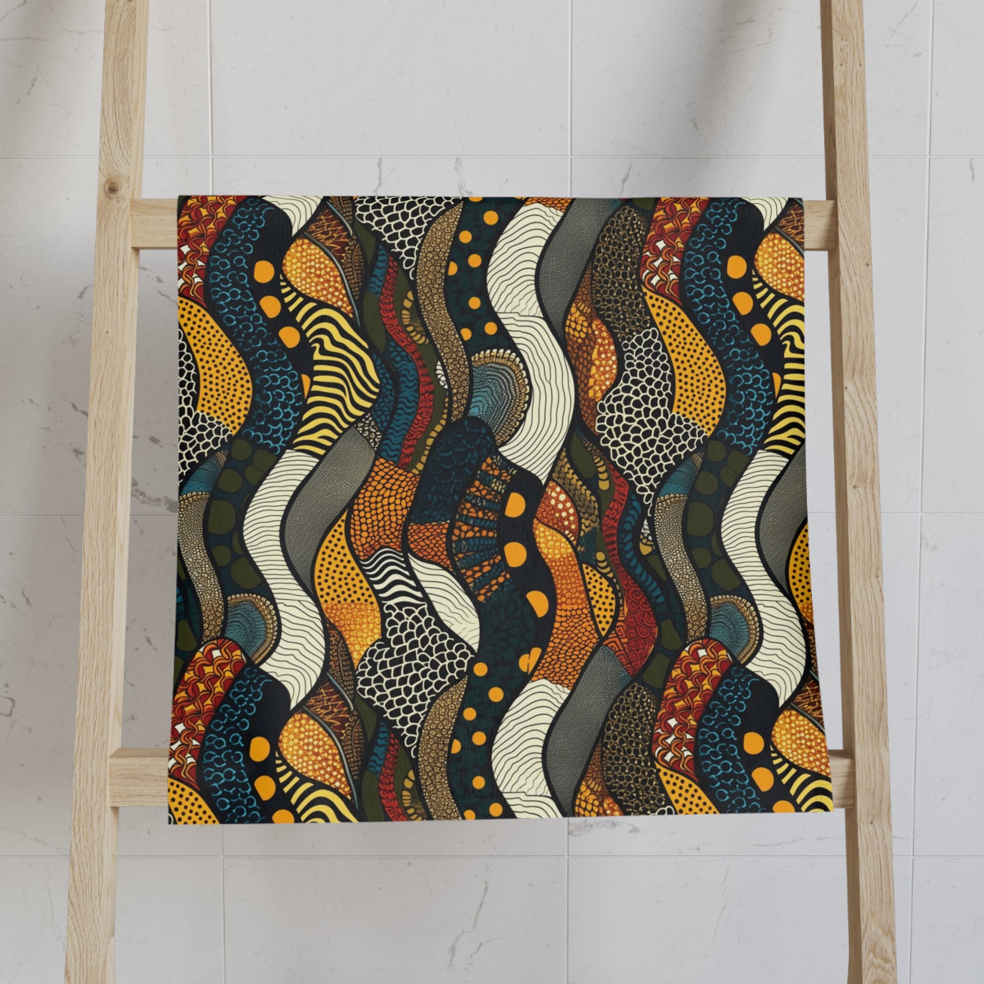 Colorful abstract patterned fabric on a wooden ladder against a white wall.