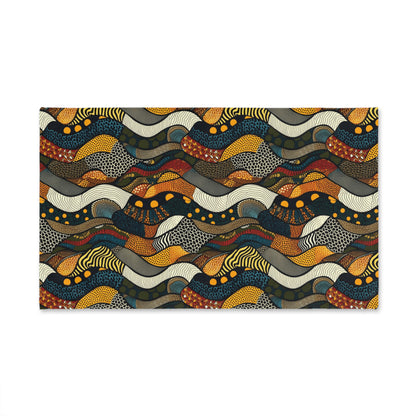 Abstract snakeskin pattern with wavy, multicolored polka dot pattern on a white background