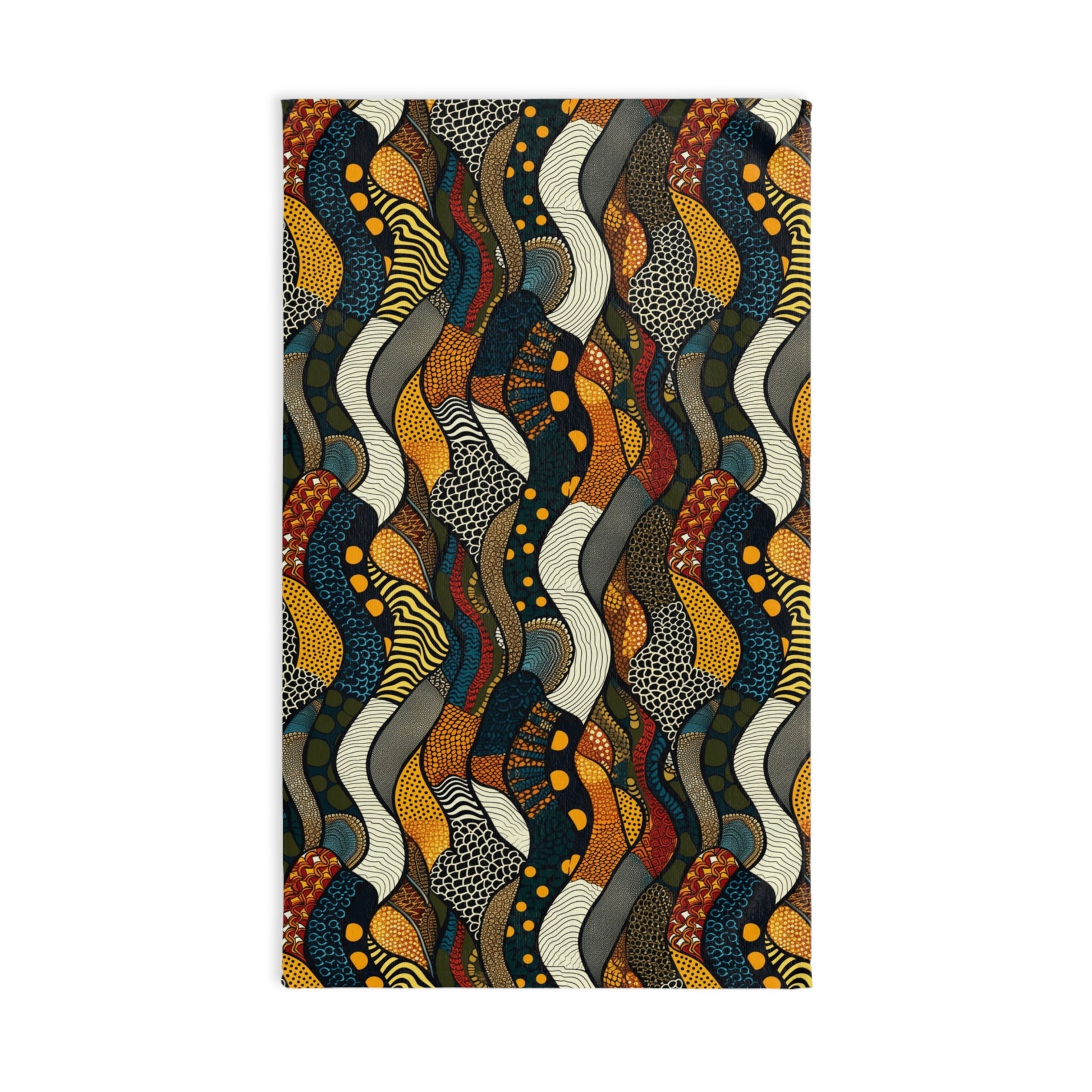 Colorful patterned rug with wavy design on a white background