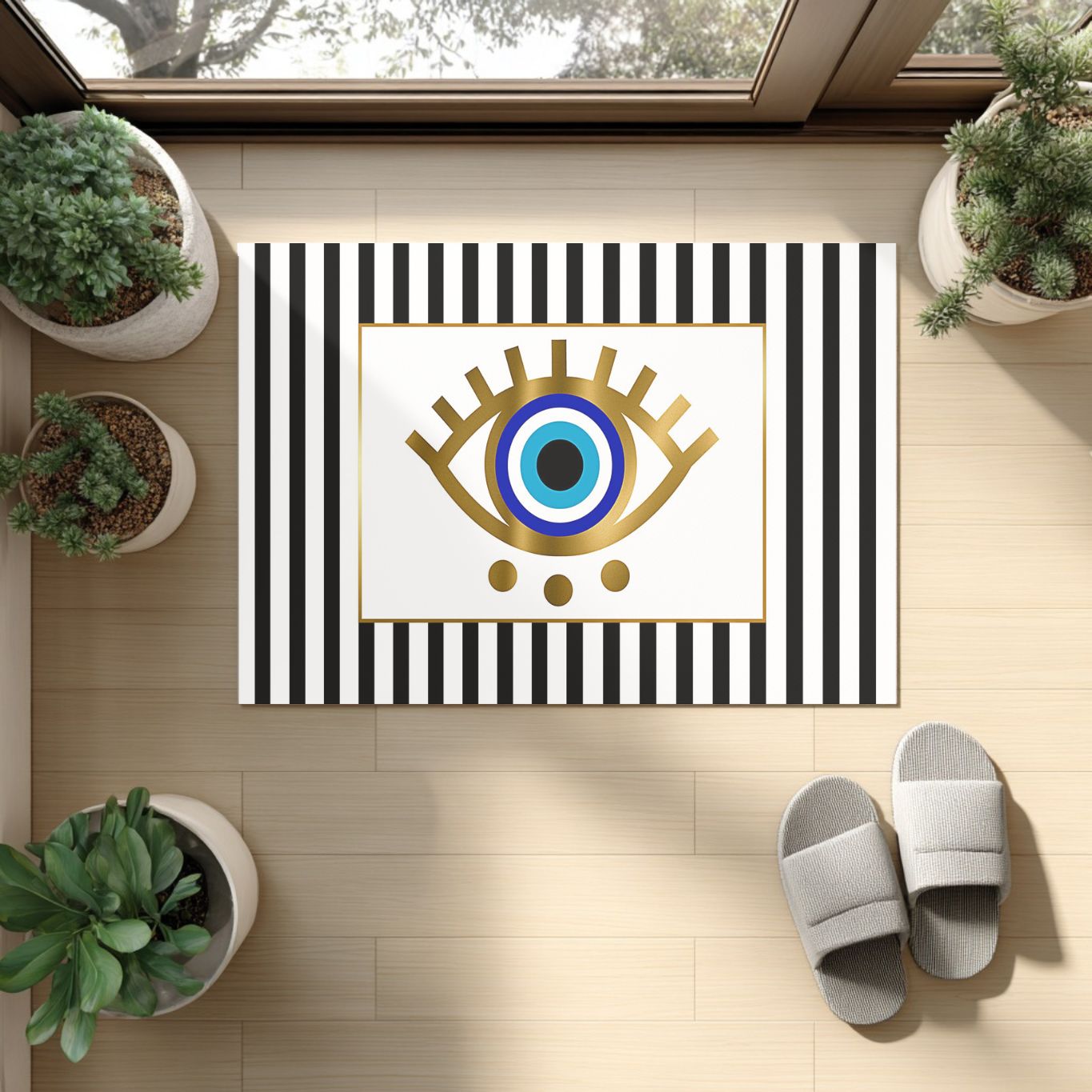 Boho welcome mat in modern entryway