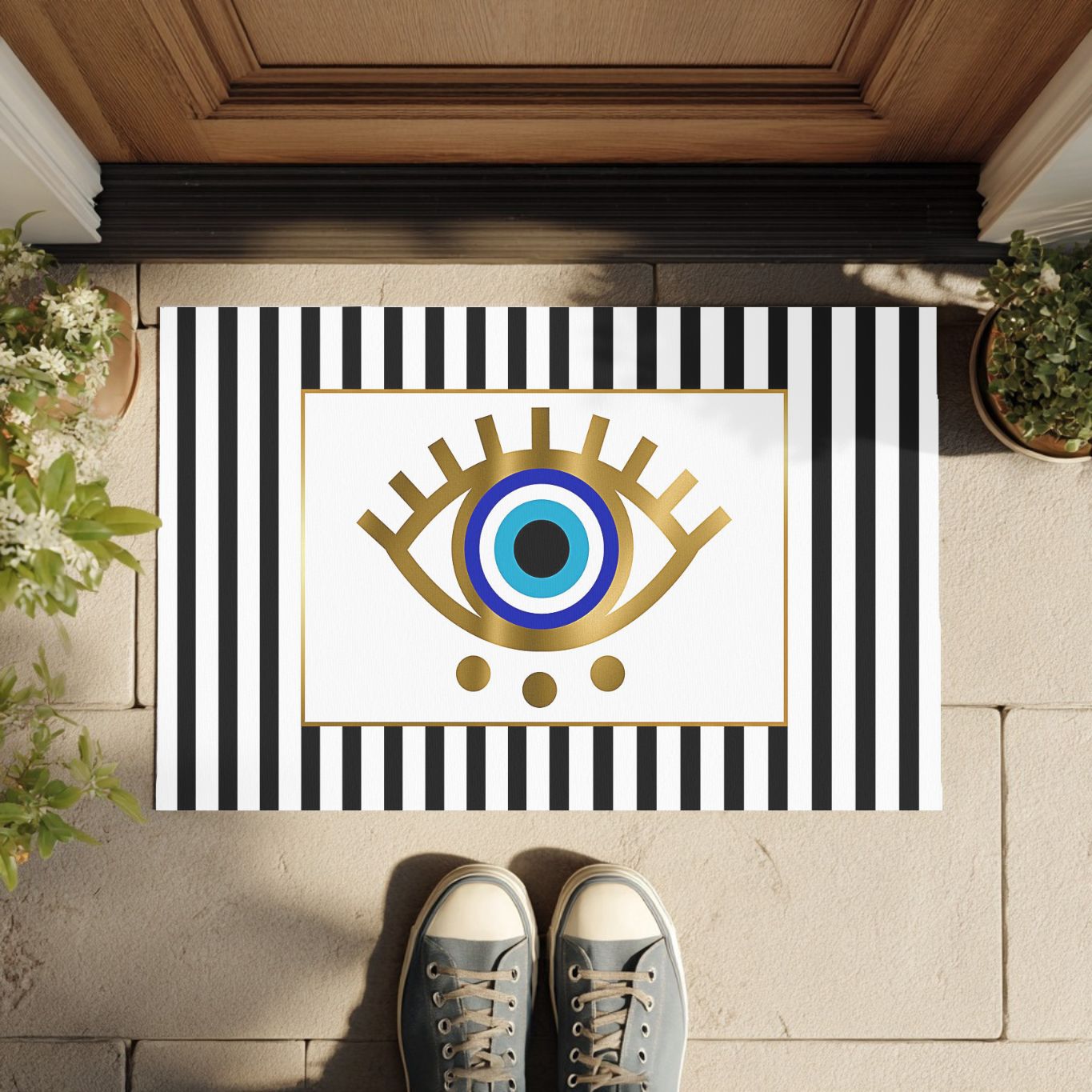 Ethnic print indoor/outdoor rug in hallway