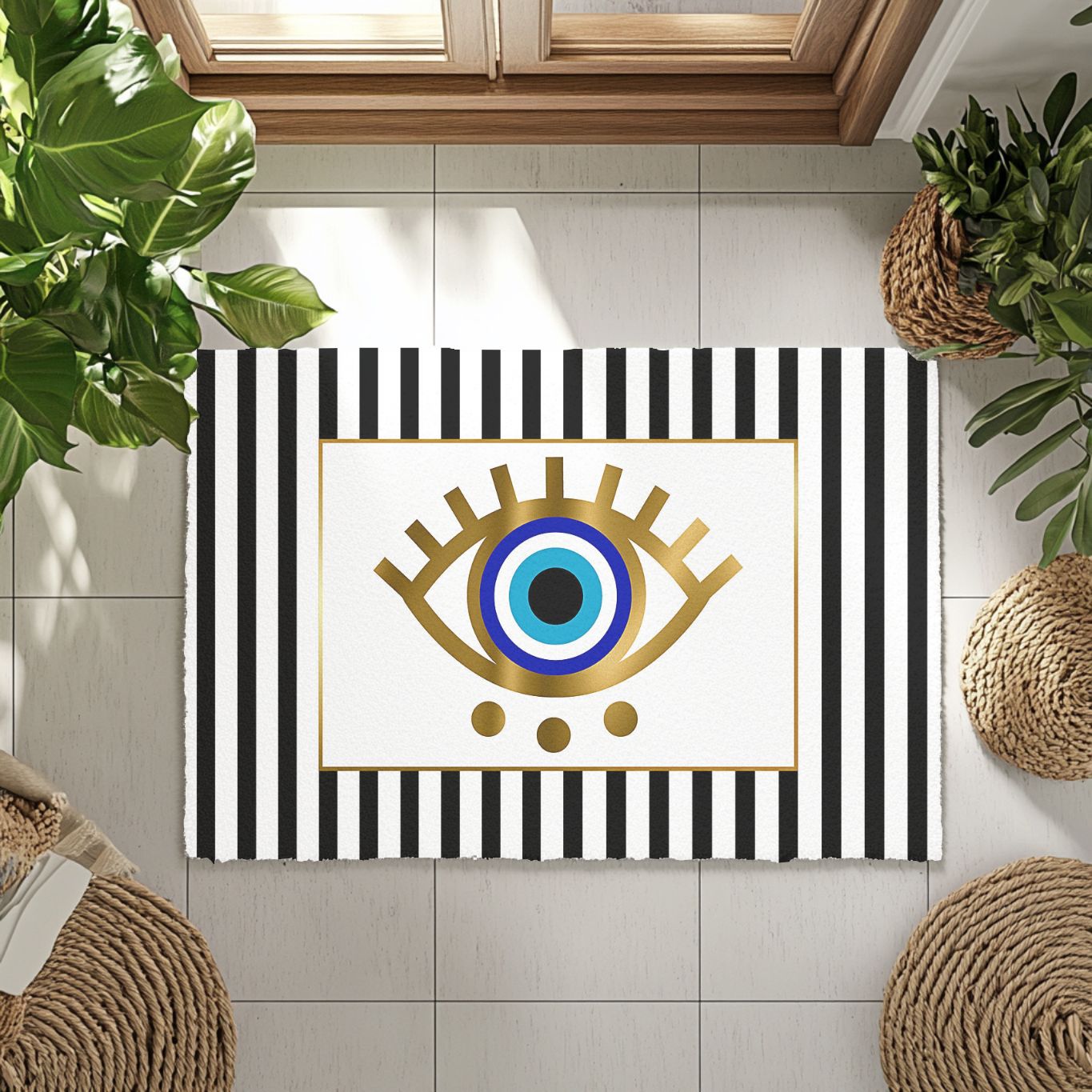 Decorative doormat with evil eye design and black and white stripes on a tiled floor.