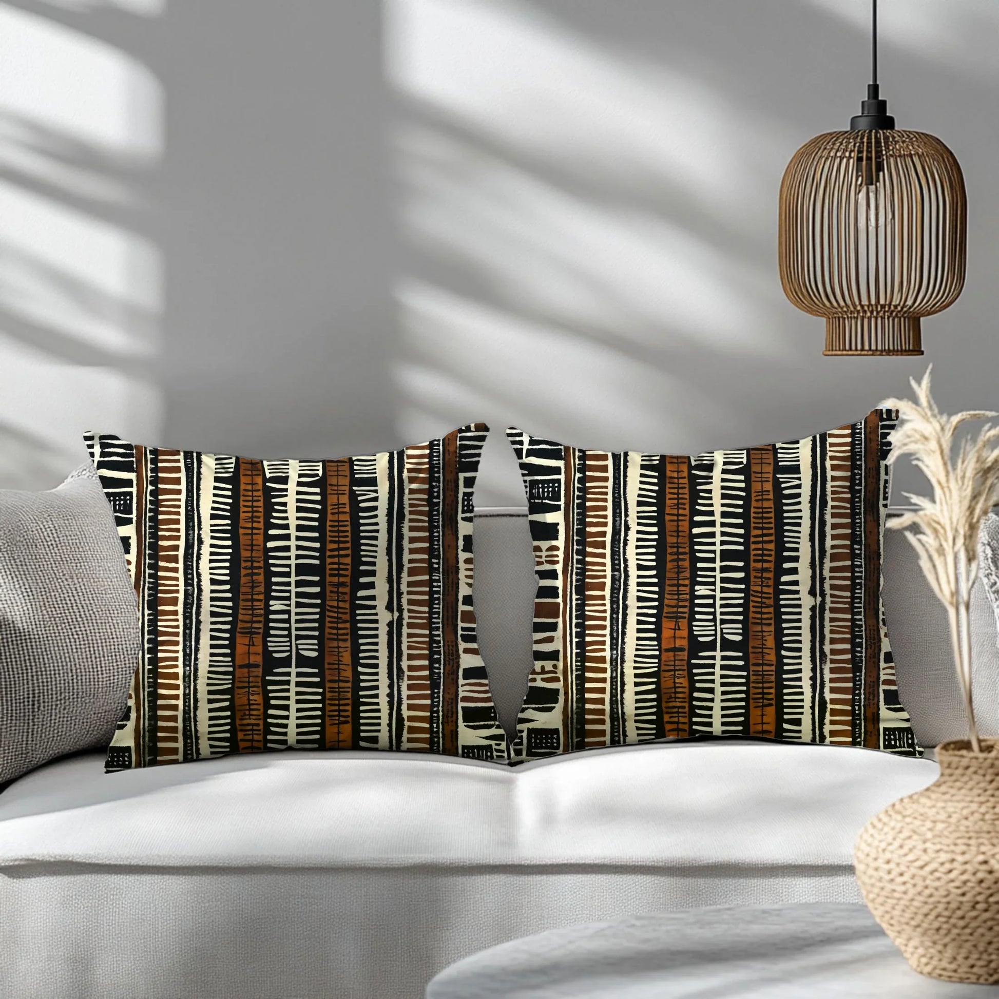 African mud cloth pattern square pillows on white sofa in modern living room