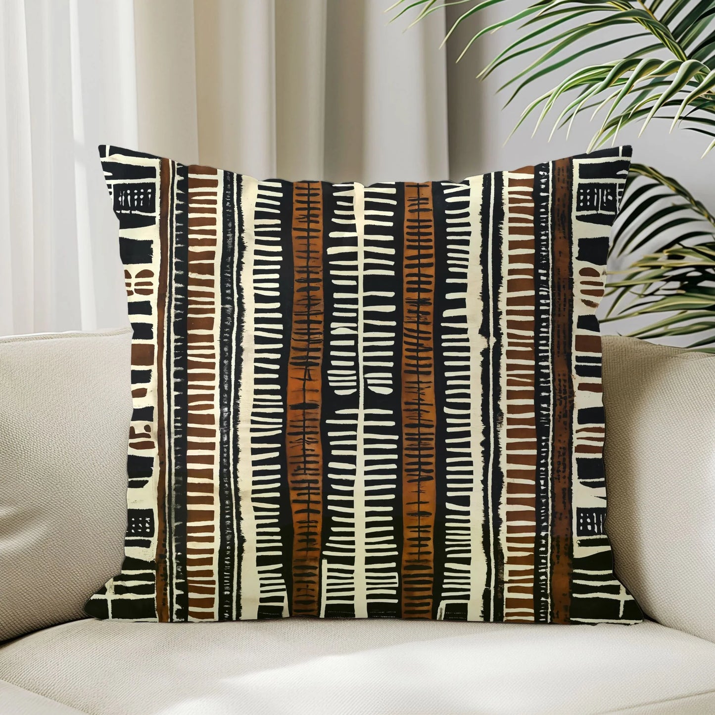 Mud cloth pattern pillow with black, brown, and cream tribal stripes on a beige sofa