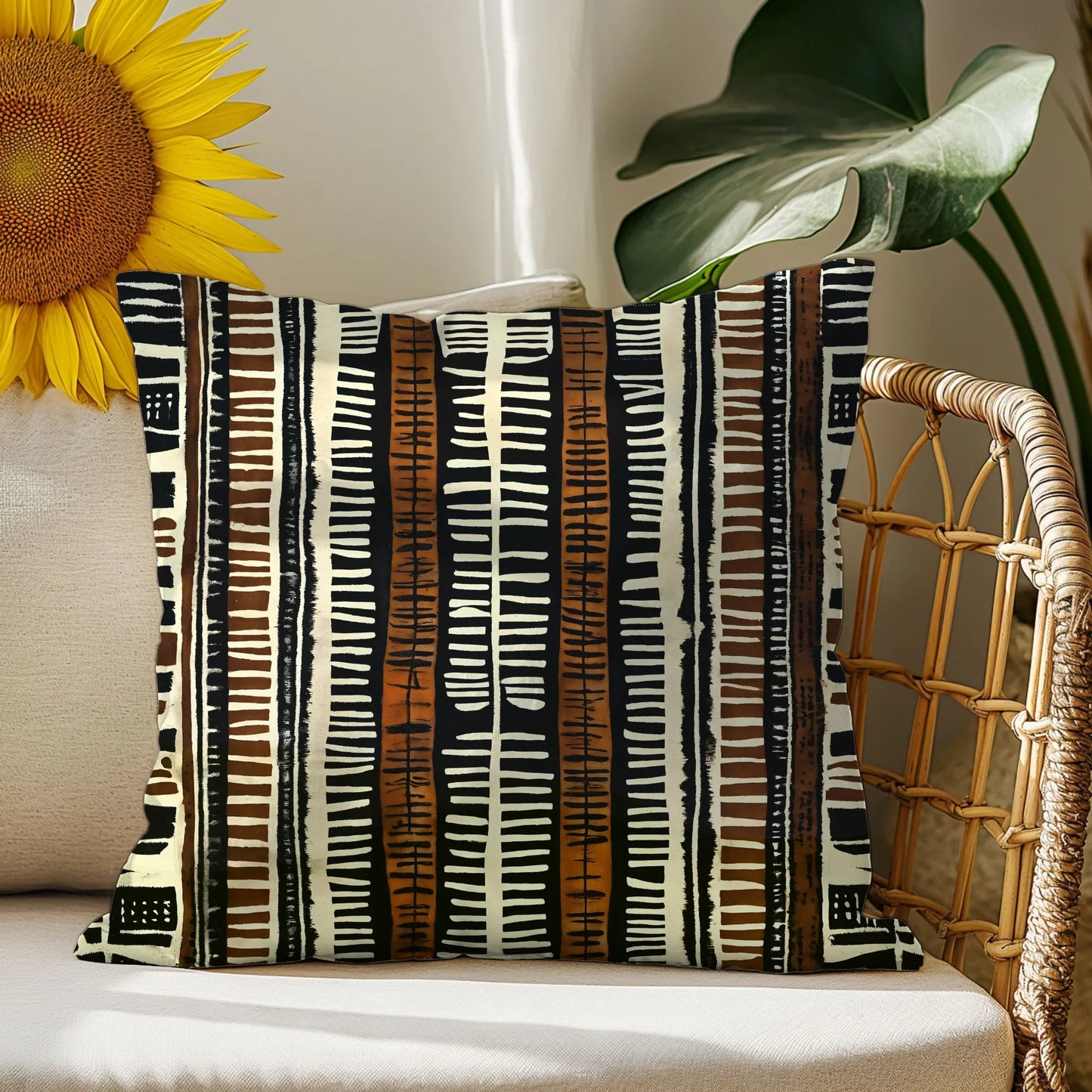 Tribal print throw pillow on a beige sofa with sunflower and monstera leaf decor