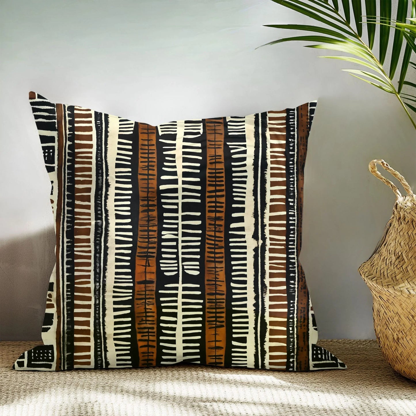 African mud cloth throw pillow with tribal pattern on beige rug next to woven basket and palm leaf