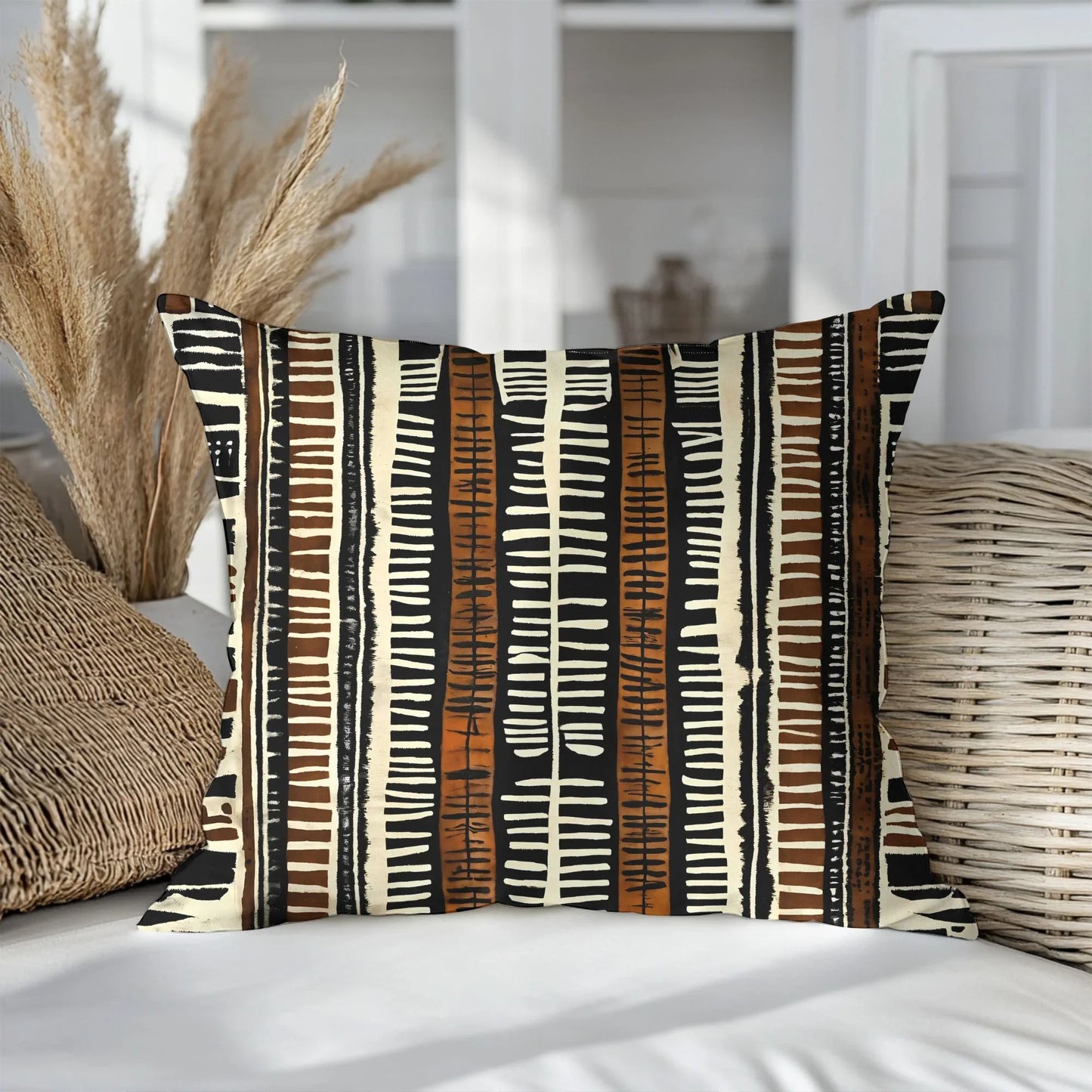 Boho mud cloth throw pillow with brown, black, and cream tribal pattern on a neutral sofa