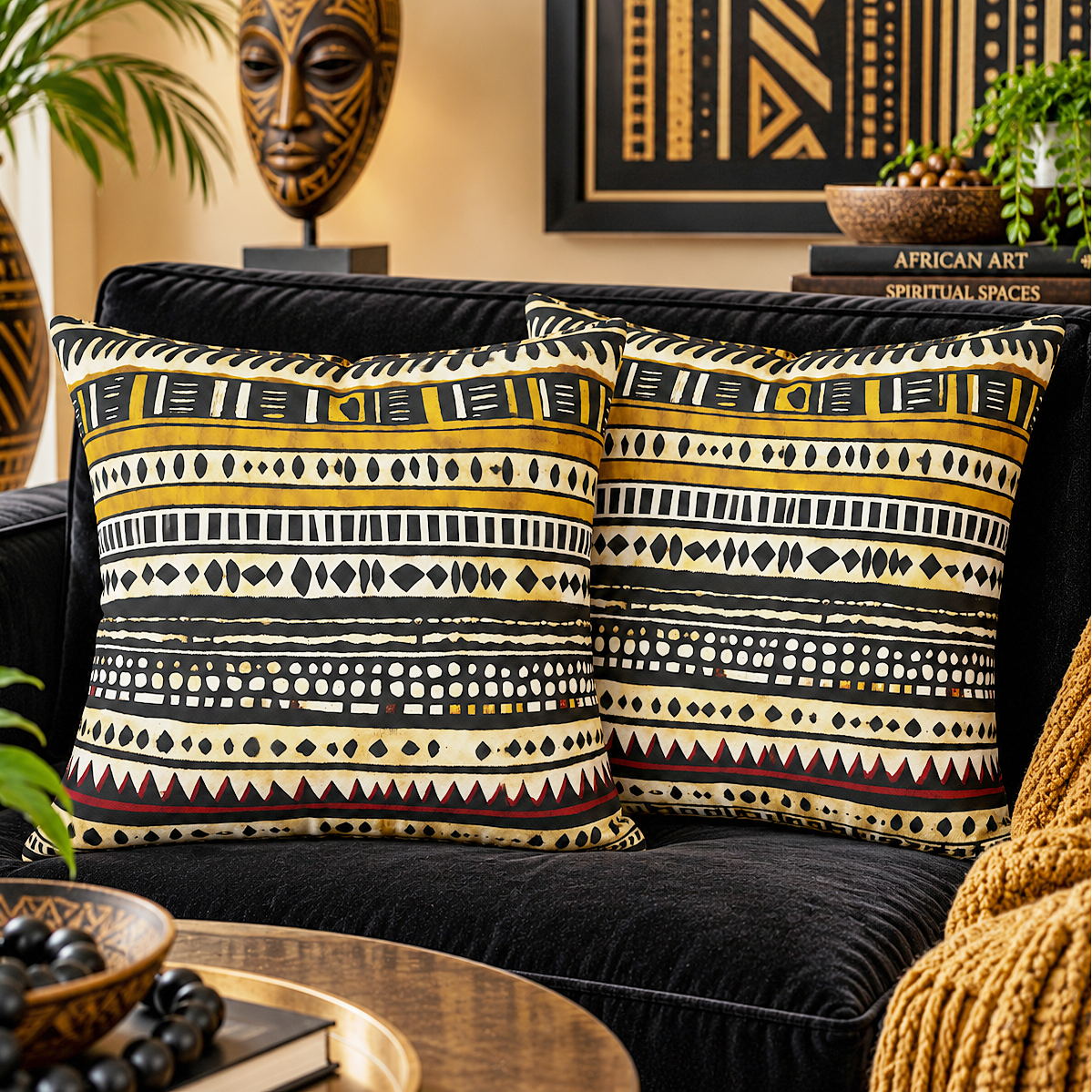 Two square throw pillows with a bold African tribal pattern in black, mustard yellow, and cream, styled on a black velvet sofa in a warm, decorated living room.