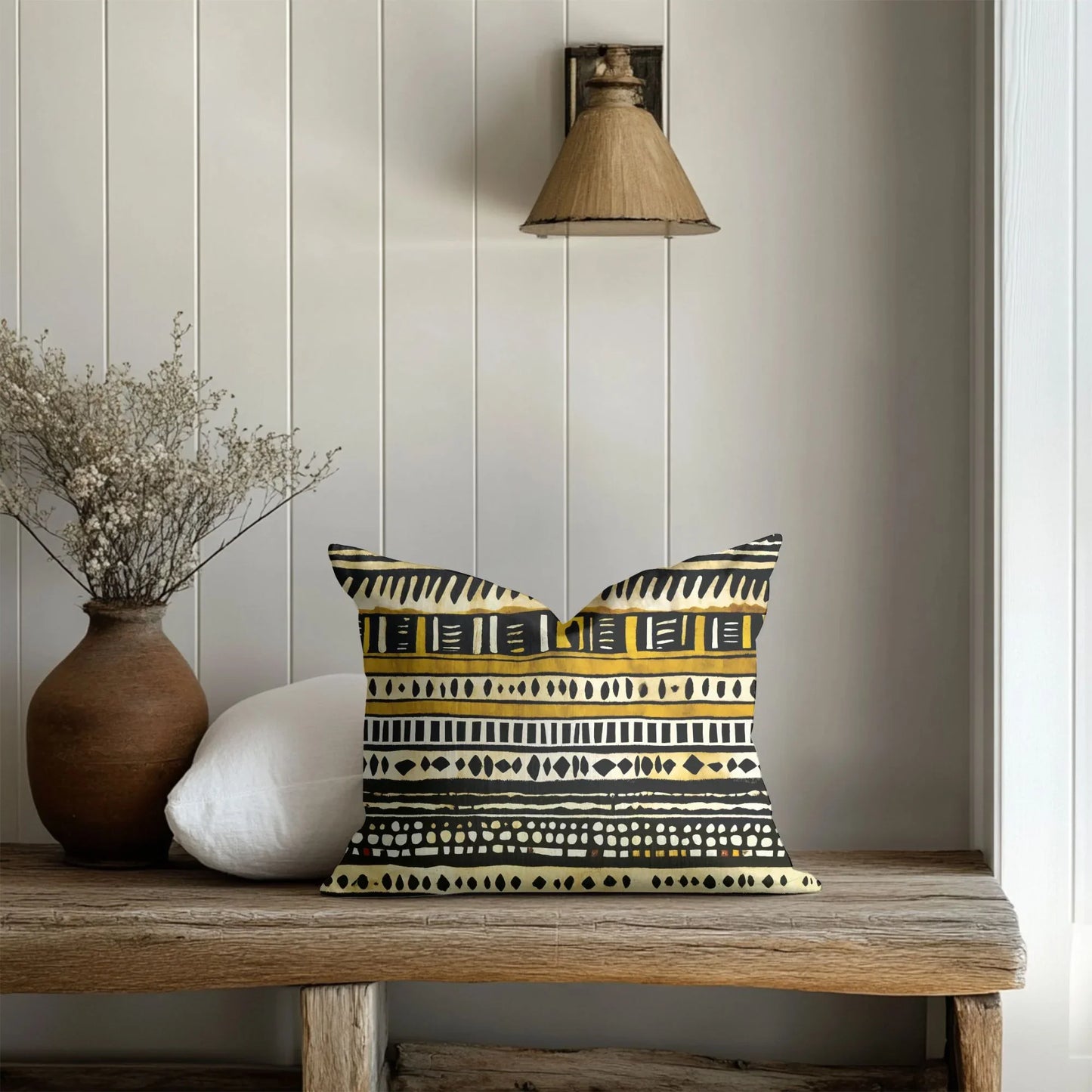 Boho throw pillow with tribal pattern on rustic wooden bench in farmhouse entryway, neutral decor