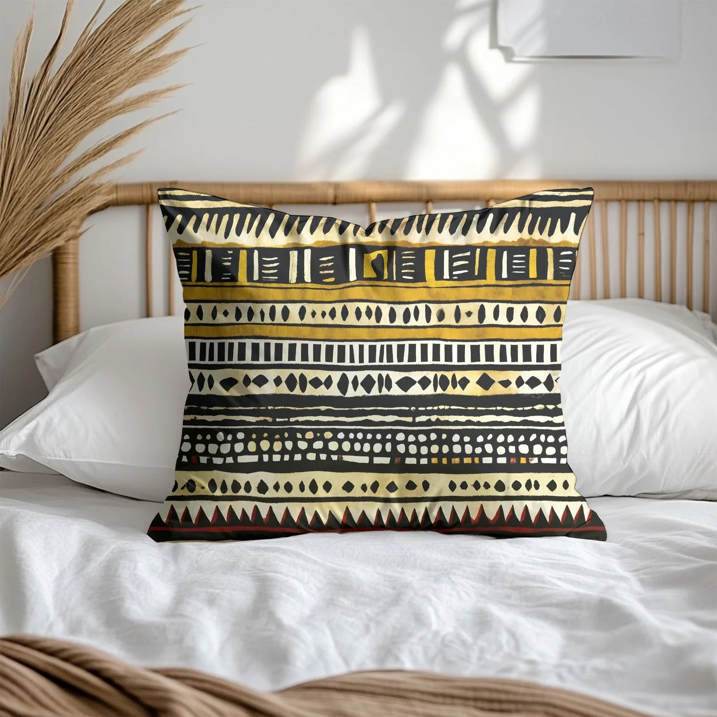 Boho patterned throw pillow on white bed with rattan headboard and pampas grass decor