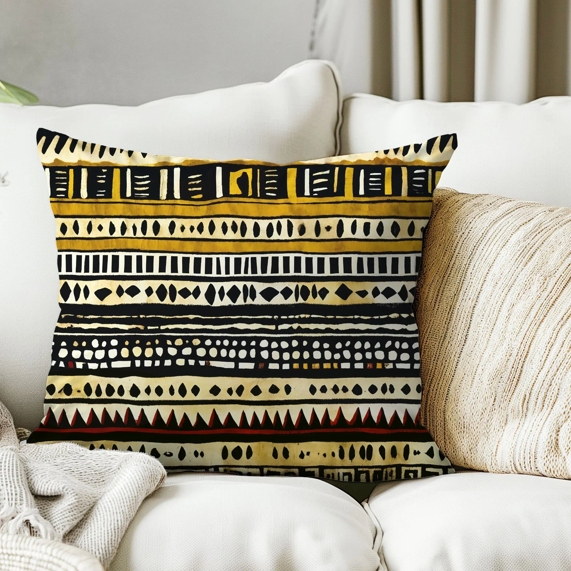 Geometric tribal print throw pillow on white sofa in modern living room