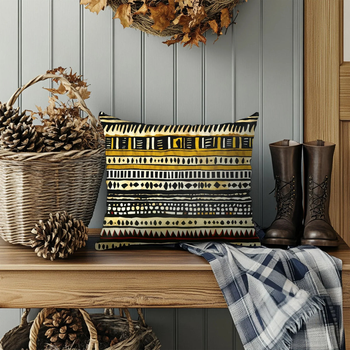 Autumn entryway decor with mudcloth pattern pillow, leather boots, pinecones, and plaid blanket