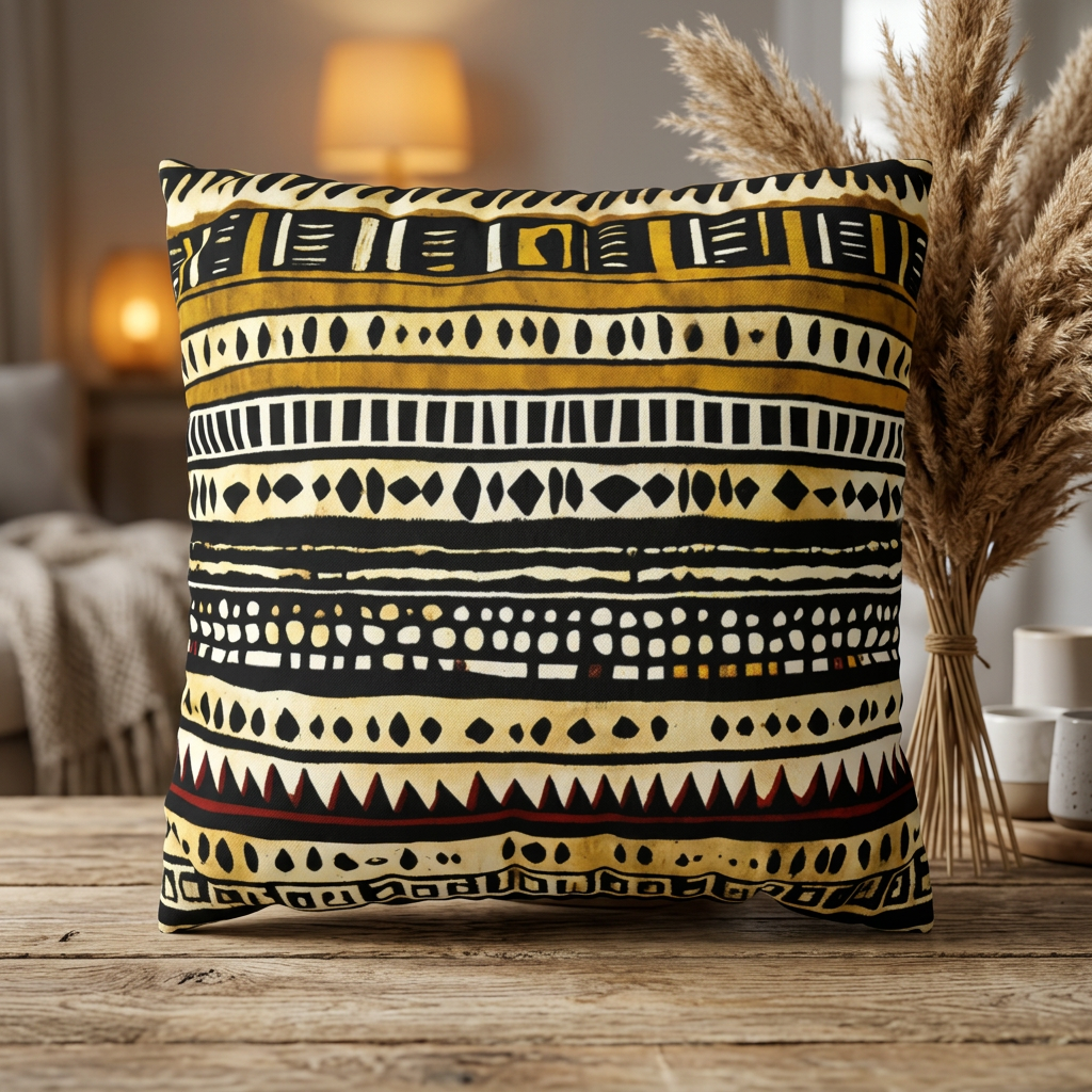 Decorative pillow with tribal pattern on a wooden surface