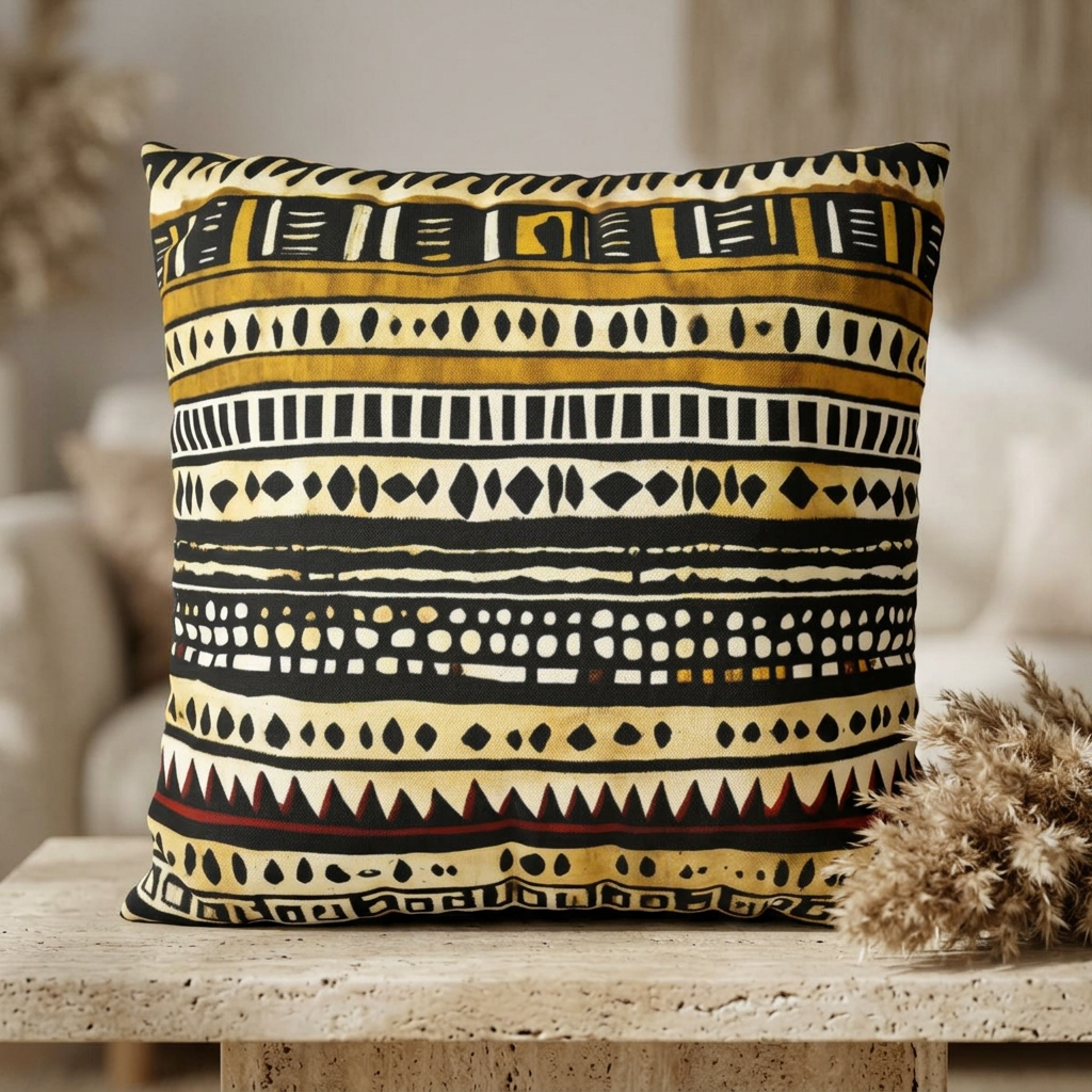 Decorative pillow with tribal pattern on a wooden surface