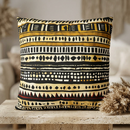 Decorative pillow with tribal pattern on a wooden surface