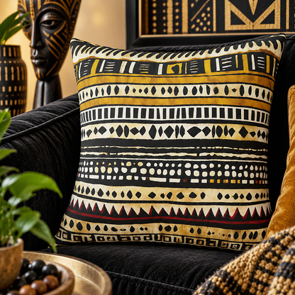 A square throw pillow with a bold African tribal pattern in black, cream, and mustard yellow, styled on a dark velvet sofa in a warm, decorated living room.