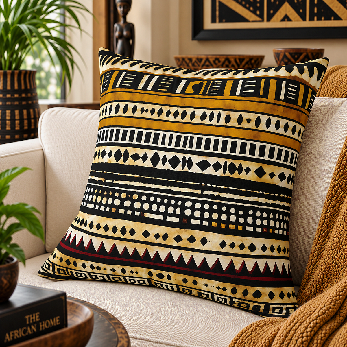 A square decorative throw pillow with an African-inspired geometric pattern in black, mustard yellow, and cream, styled on a beige sofa next to a brown knit blanket.