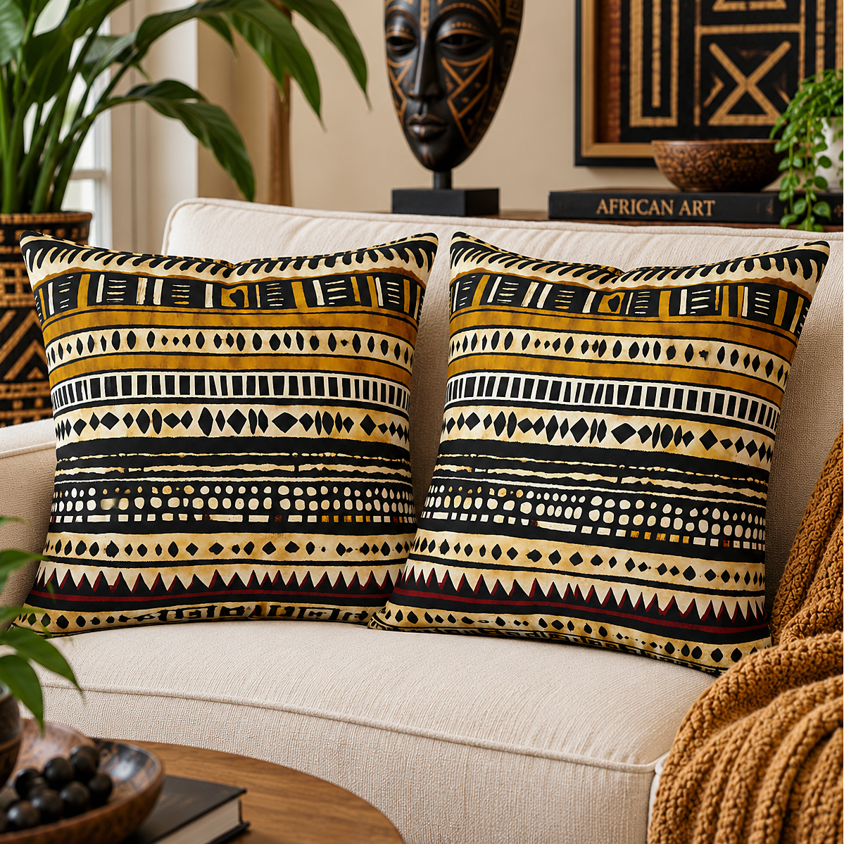 Two decorative throw pillows with a bold African-inspired geometric pattern in black, mustard yellow, and cream, styled on a beige sofa in a living room setting.