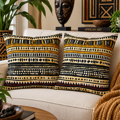 Two decorative throw pillows with a bold African-inspired geometric pattern in black, mustard yellow, and cream, styled on a beige sofa in a living room setting.