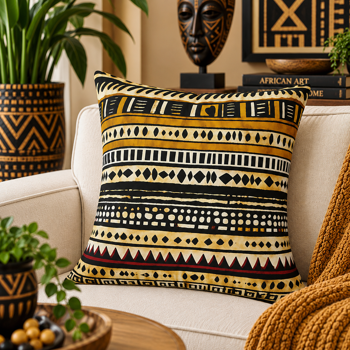 A square throw pillow with a bold African tribal geometric pattern in black, mustard yellow, and cream, styled on a beige armchair in a cozy living room setting.