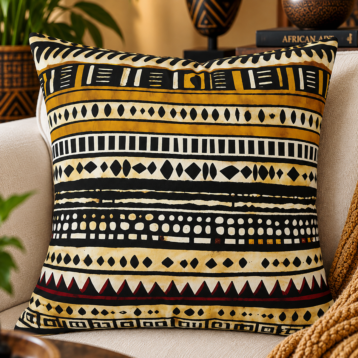 A square throw pillow with a bold African tribal-inspired pattern in black, mustard yellow, and cream, styled on a beige armchair with a knitted blanket and home decor in the background.