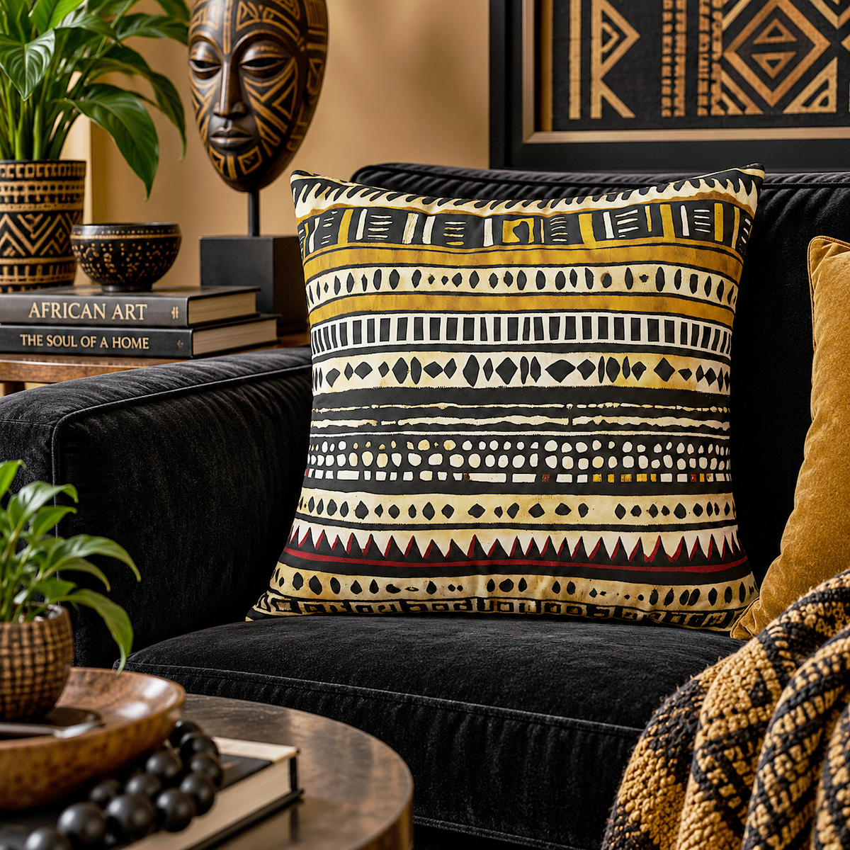 A square throw pillow with an African wax print style geometric pattern in black, beige, and mustard yellow, styled on a black velvet sofa in a warm, rustic living room setting.