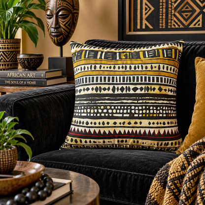 A square throw pillow with an African wax print style geometric pattern in black, beige, and mustard yellow, styled on a black velvet sofa in a warm, rustic living room setting.